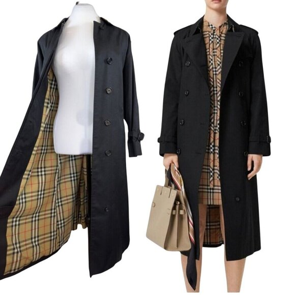 Burberrys London Vintage Classic Black Nova Check Trench Coat Size 12 - Picture 1 of 9